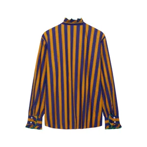 Women long sleeve striped blouse with ruffle collar and cuffs casual chic shirt top.