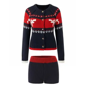 Vintage Christmas reindeer knit cardigan and high-waisted shorts cozy set for women