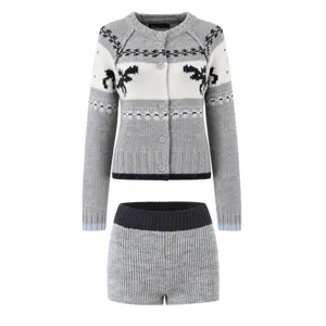 Grey knit cardigan and shorts set with vintage reindeer jacquard pattern for women apparel.