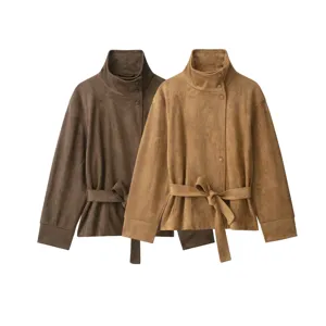 Women autumn winter vintage suede jacket with stand collar and waist belt casual outwear coat