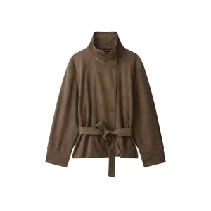 Women brown suede jacket with stand collar and belt, stylish retro casual outerwear coat.