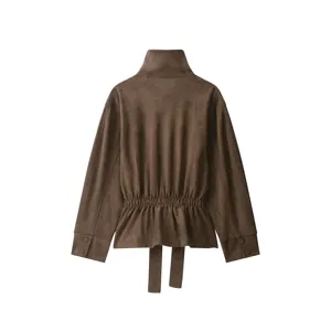 Detailed view of the brown suede jacket back, featuring a stand collar and cinched waist.