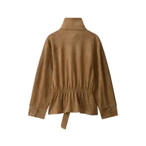 Women vintage brown suede jacket with stand collar, elastic waist and stylish belt.