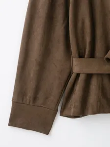 Women brown suede jacket retro outerwear with stylish belt design and long sleeves detail.