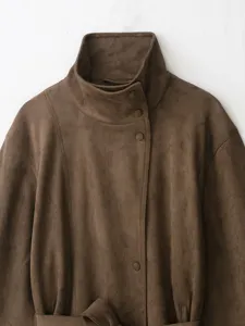 Close up detail of womens brown faux suede jacket high collar button placket fashion apparel