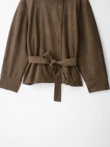 Women retro brown suede jacket detail, elegant stand collar and stylish waist belt design.