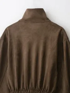 Brown faux suede jacket back view stand collar casual outerwear for women winter chic