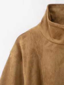 Women brown suede stand collar jacket detail close-up fashion winter outerwear chic coat