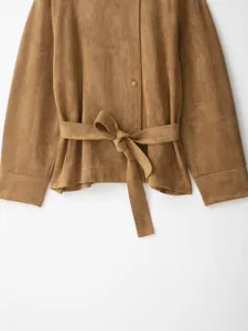 Brown faux suede jacket detail, stand collar, waist belt, retro style autumn winter coat.