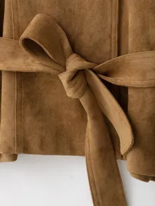 Women suede jacket detail khaki winter coat belt chic fashion casual elegant outerwear