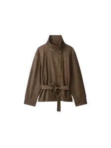 Women vintage brown faux suede stand collar jacket with waist belt for autumn winter