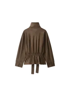 Brown retro suede jacket for women with stand collar and waist tie design for autumn.