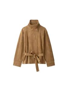 Women's brown stand-up collar belted suede jacket for autumn and winter fashion style.