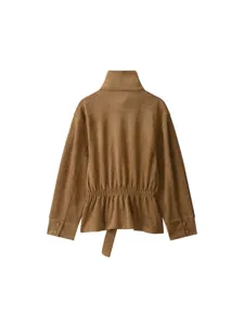 Women vintage stand-up collar suede jacket with belt brown autumn winter fashion outerwear
