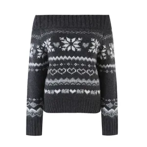 Dark grey off-the-shoulder knit sweater featuring classic Fair Isle snowflake and heart patterns for women.