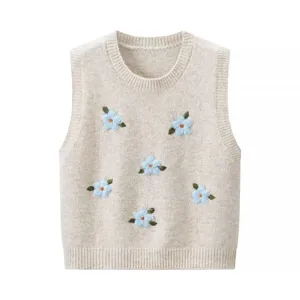 Chaleco de punto para mujer cuello redondo bordado floral azul sin mangas top casual
