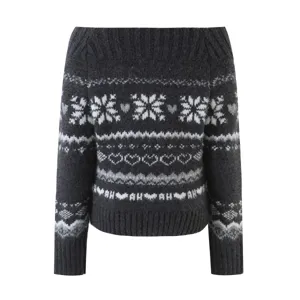 Dark grey off-shoulder knit sweater with traditional Fair Isle snowflake and heart patterns.