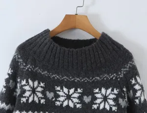 Dark Grey Off Shoulder Fair Isle Knitted Sweater For Women Autumn Winter Fashion Pullover