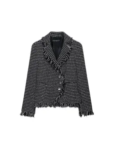 Women Plaid Tweed Blazer Jacket Distressed Texture Fringe Lapel Single Breasted Top Business Casual Long Sleeve Outerwear