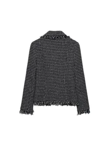 Classic black and white tweed blazer jacket for women, stylish patterned outerwear back view.