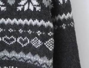 Close-up detail view of women's autumn winter Fair Isle knit sweater, grey heart pattern.