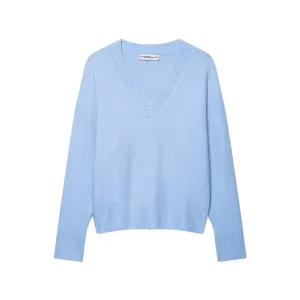 Light blue V-neck dropped shoulder loose short knit sweater for women casual chic fashion top