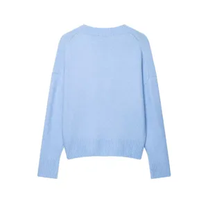 Detailed back view of light blue knitted sweater featuring V-neck and drop shoulder.