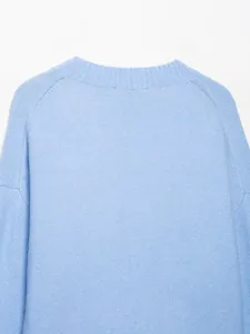 Light blue drop shoulder long sleeve knit sweater women casual top soft comfy basic pullover