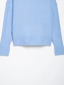 Light blue V-neck dropped shoulder loose short long-sleeve knitted sweater tops