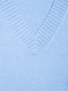 Light blue V-neck knit sweater detail view, ribbed collar and soft textured fabric.