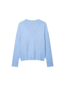 Women's V-Neck Sweater Light Blue Drop Shoulder Loose Fit Short Polyester Knitwear Long Sleeve Top For Daily Office Wear