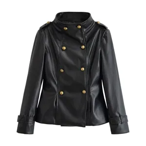 Black stand collar double breasted leather jacket detail, slim fit short outerwear view