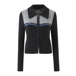 Women vintage lapel knit cardigan, grey colorblock cable knit short sweater with zip.