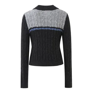 Detailed back view of women vintage colorblocked cable knit cardigan with stylish lapel.