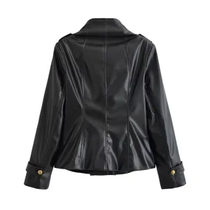 Women's black faux leather jacket back view, stylish slim fit PU coat with metallic buttons.