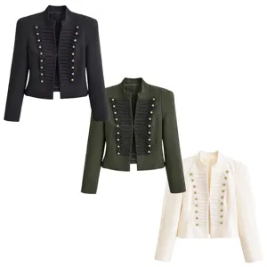 Women short military blazer mandarin collar vintage metal button jacket detail view style