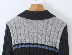 Close-up detail of retro color-block cable knit sweater, showcasing collar and texture.