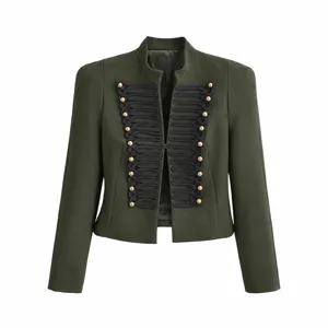 Women's dark green military jacket cropped stand collar gold buttons chic blazer