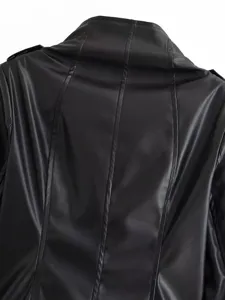 Back detail view of women black faux leather slim jacket showing panel seams and stand collar.