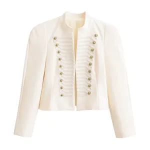 Women cropped military blazer stand collar gold buttons braided trim off white jacket