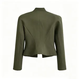 Back view of the olive green stand collar short blazer showing tailored slim fit seams.