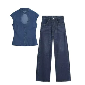 Retro blue denim two-piece set, sleeveless keyhole cutout top and high waist wide leg pants.