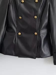 Black double-breasted faux leather jacket detail, stylish stand collar and gold buttons.