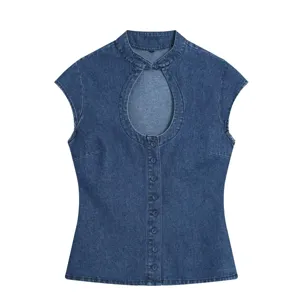 Vintage sleeveless denim top for women with hollow out chest and chic mandarin collar design.