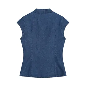 Women's vintage blue sleeveless denim vest top with stand collar and slim fit cut.