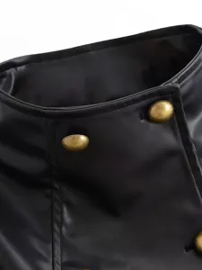 Close-up detail of black leather jacket collar with vintage brass buttons, exquisite texture.