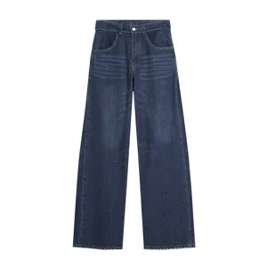 Close up view of dark blue high waist wide leg denim pants, retro casual jeans texture detail.