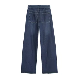 Back detail view of women's dark blue wide-leg denim jeans, showing pockets and waistband.