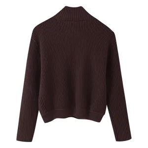 Dark brown ribbed knit mock neck sweater for women, comfortable long sleeve winter pullover.