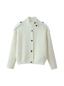 Women stand collar ribbed knit cardigan with oblique button and shoulder epaulettes design.